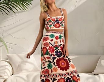 Boho Floral Suspender Skirt Set, Stylish Crop Top and  Skirt, Unique Two Piece Summer Outfit