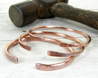 Hammered Rustic Copper Bracelet, Copper Wire Bangle, Copper Cuff with Patina, Rustic BOHO, Men's or Women's, Made To Order