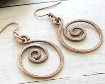 Copper Swirl Earrings, Copper Patina Hoop Earrings, Boho Handmade Earrings, Rustic Hoops, Minimalist Hoops, Gift For Her, Anniversary Gift