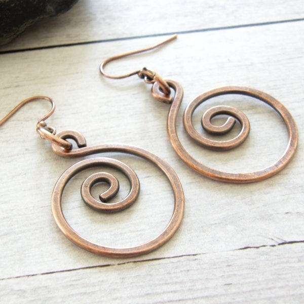 Copper Swirl Earrings, Copper Patina Hoop Earrings, Boho Handmade Earrings, Rustic Hoops, Minimalist Hoops, Gift For Her, Anniversary Gift