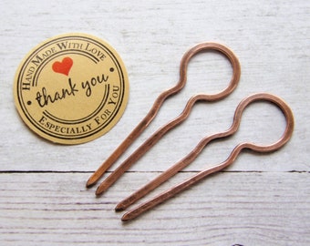 Tiny Hair Pins Pair - Mini Hair Forks Pair - Copper - Thin Hair - 2 Small Bun Holders - Minimalist Hair Pins - Fine Hair - Child Hair Forks