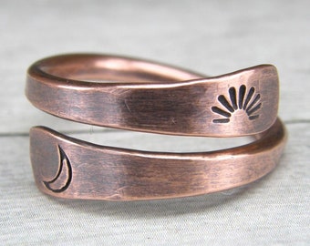 Rustic Sun & Moon Copper Ring, Astronomy Ring, Copper Wire Ring, His and Hers, Celestial Ring, Crescent Moon Ring, Sun Ring