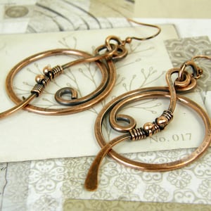 Two Piece Hanging Movement Earrings, Copper Wire Wrapped Hoop Earrings, Hammered, Rustic Hoop Earrings, Boho Earrings, 7th Anniversary Gift