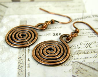 Handcrafted Minimalist Copper Wire Spiral Earrings, Elegant Women's Jewelry