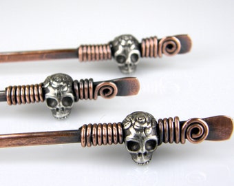 Copper & Silver Skull Hair Stick Pin, Scull, Bun Pin, Gothic Skull Pin, Skull Hair Pin, Hair Accessories, Halloween, 7th Anniversary Gift