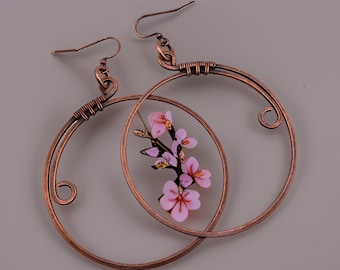 Statement Handmade Hippie Boho Dangle Hoop Earrings, Large Hoop Earrings, Big Copper Hoops, Unique Gift for Her, Birthday Gift Her