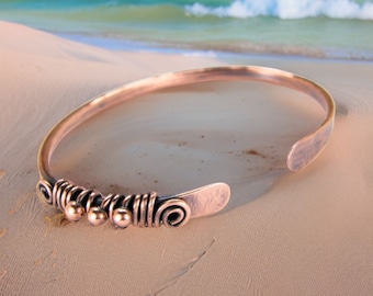 Copper Bangle Wire Wrapped on one side, Women's, Tribal Copper Bracelet, Boho Copper Wire Bangle, Rustic Bracelet, 7th Anniversary Gift