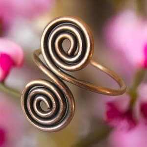 Double Spiral Copper Wire Wrapped Ring, Adjustable Copper Ring, Long Copper Ring, Womens Boho Statement Ring