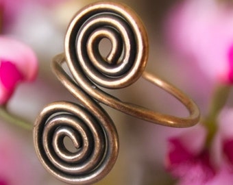 Double Spiral Copper Wire Wrapped Ring, Adjustable Copper Ring, Long Copper Ring, Womens Boho Statement Ring