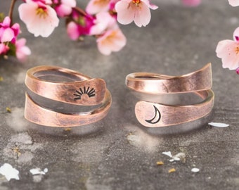 Soulmate Rings, Sun & Moon Two Ring Set, Copper Rings, Celestial Hand Stamped Sun and Moon Ring Set, 7th Anniversary Gift