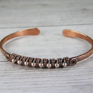 BOHO Mixed Metal Bracelet, Copper, Silver Bangle, Cuff, Wire Wrapped, Antiqued, Patina, Hammered Copper, Adjustable, 7th Anniversary Gift image 8