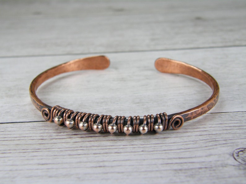 BOHO Mixed Metal Bracelet, Copper, Silver Bangle, Cuff, Wire Wrapped, Antiqued, Patina, Hammered Copper, Adjustable, 7th Anniversary Gift image 8