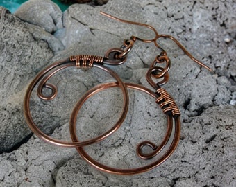 Hammered Copper Hoop Earrings, Wire Wrapped, Antiqued Patina