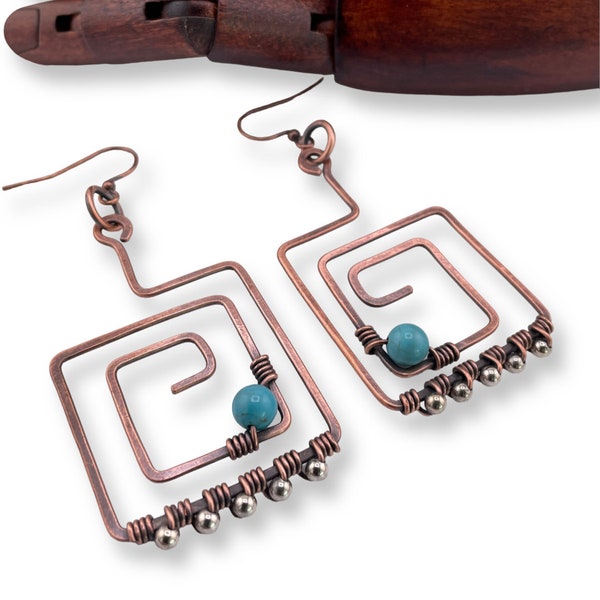 Handcrafted Ethnic Tribal Aztec Style Copper Earrings with Wire-Wrapped Turquoise Stones - Perfect Gift for Her