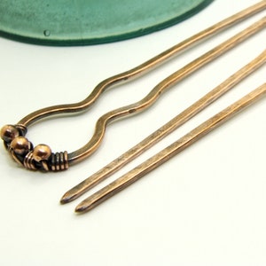 Beaded Mini Hair Forks, Copper, Lightweight, Small Bun Holder, Minimalist Hair Pick, Small Hair Pin, Fine Hair, 7th Anniversary Gift For Her