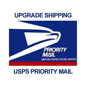 May include: A blue and red USPS Priority Mail label with the text "Upgrade Shipping" at the top and "USPS Priority Mail" at the bottom. The label features the USPS eagle logo and the text "Priority Mail" and "United States Postal Service".