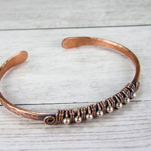 BOHO Mixed Metal Bracelet, Copper, Silver Bangle, Cuff, Wire Wrapped, Antiqued, Patina, Hammered Copper, Adjustable, 7th Anniversary Gift image 7