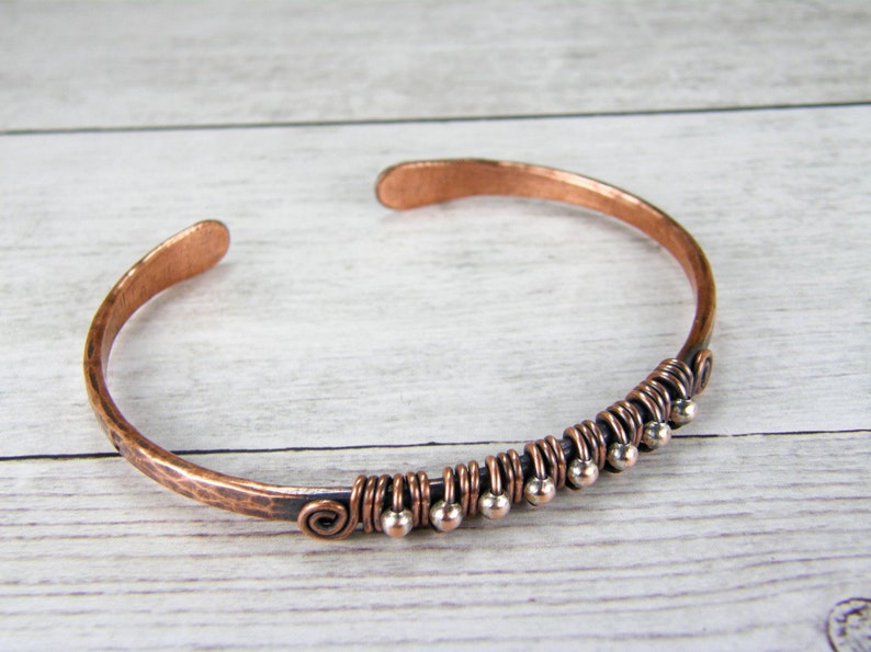BOHO Mixed Metal Bracelet, Copper, Silver Bangle, Cuff, Wire Wrapped, Antiqued, Patina, Hammered Copper, Adjustable, 7th Anniversary Gift image 7