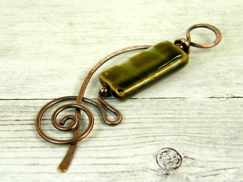 Copper Brooch Sweater Pin Rustic Oxidized Copper Handmade Shawl Pin Green Ceramic /& Copper Scarf Pin Beaded Shawl Pin