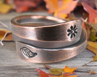 Wildflower, Flower Ring, Artisan Flower Ring, Flower & Leaf Hand Stamped Ring, Nature Lover Ring, Gardener, Gardening, 7th Anniversary Gift