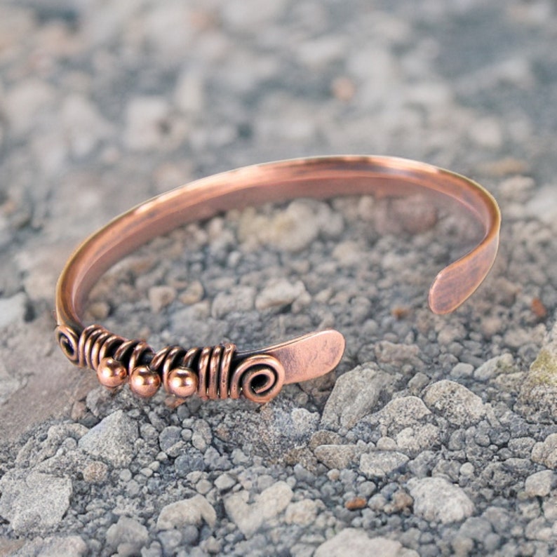 Copper Bangle Wire Wrapped on one side, Women's, Tribal Copper Bracelet, Boho Copper Wire Bangle, Rustic Bracelet, 7th Anniversary Gift image 4