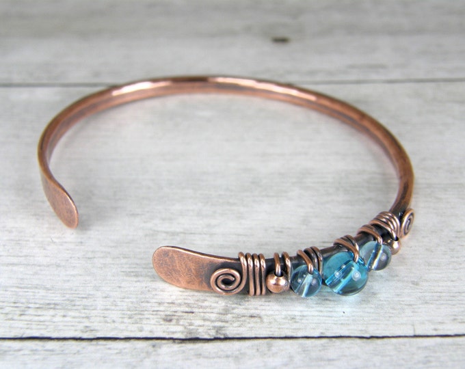 Copper Wire Bangle Wire Wrap With Blue Glass Beads Antiqued Etsy