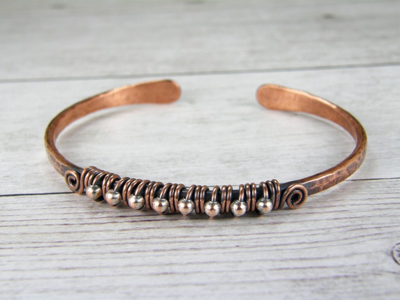 BOHO Mixed Metal Bracelet, Copper, Silver Bangle, Cuff, Wire Wrapped, Antiqued, Patina, Hammered Copper, Adjustable, 7th Anniversary Gift image 6