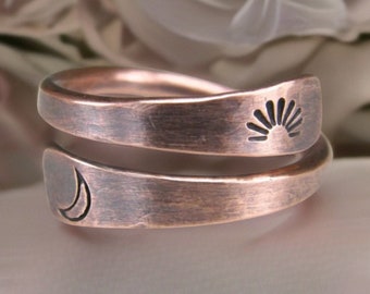 Handmade Rustic Sun & Moon Copper Ring, Astronomy Ring, Couples Rings, Celestial Ring, Crescent Moon Ring, BOHO Sun Ring, Gift For Her