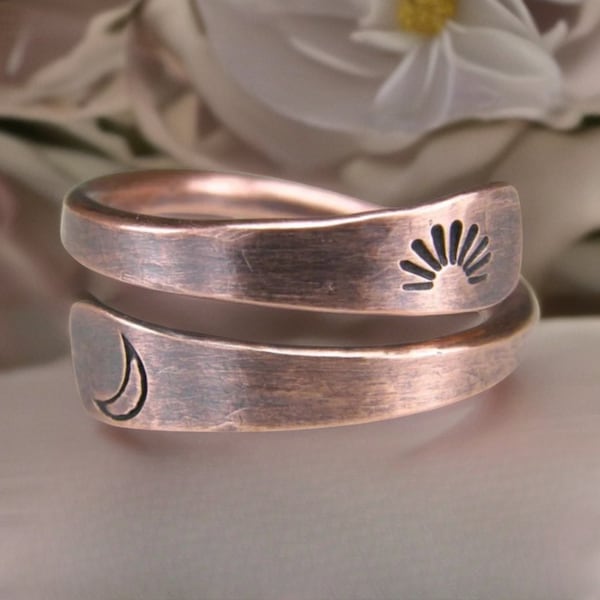 Handmade Rustic Sun & Moon Copper Ring, Astronomy Ring, Couples Rings, Celestial Ring, Crescent Moon Ring, BOHO Sun Ring, Gift For Her