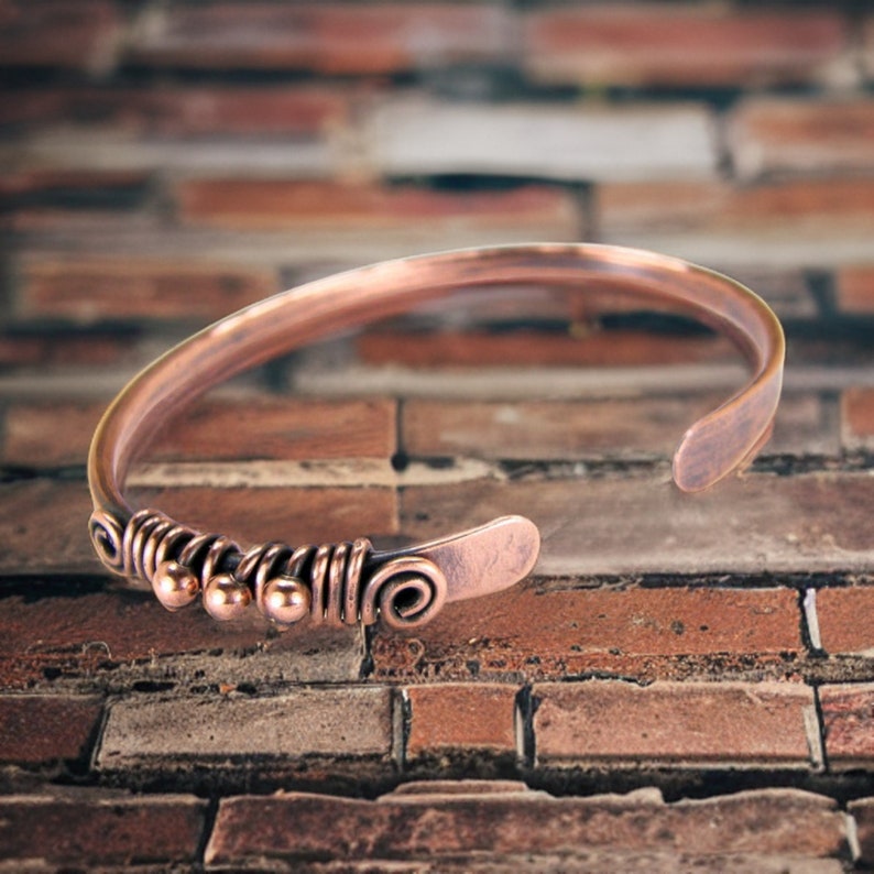 Copper Bangle Wire Wrapped on one side, Women's, Tribal Copper Bracelet, Boho Copper Wire Bangle, Rustic Bracelet, 7th Anniversary Gift image 3