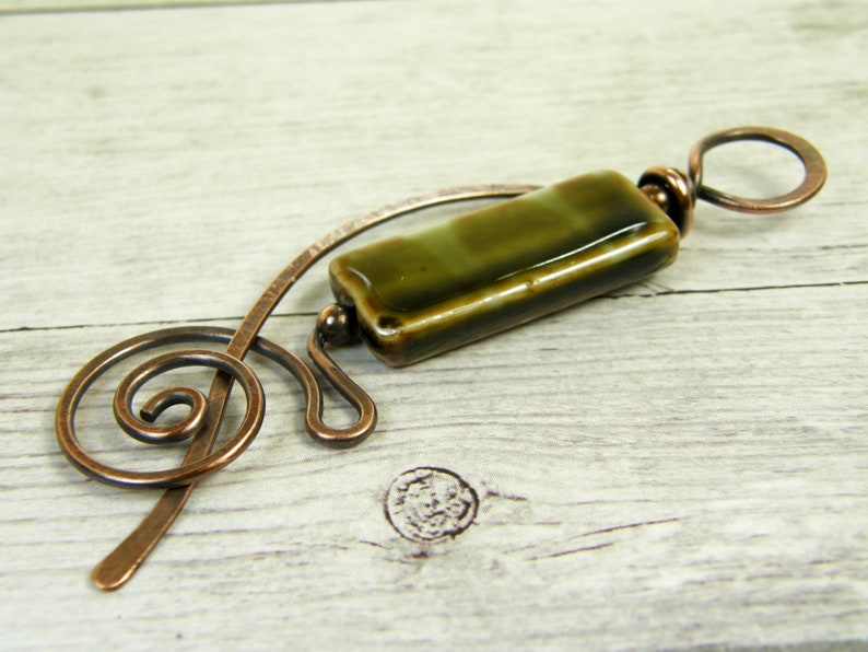Copper Brooch Sweater Pin Rustic Oxidized Copper Handmade Shawl Pin Green Ceramic /& Copper Scarf Pin Beaded Shawl Pin