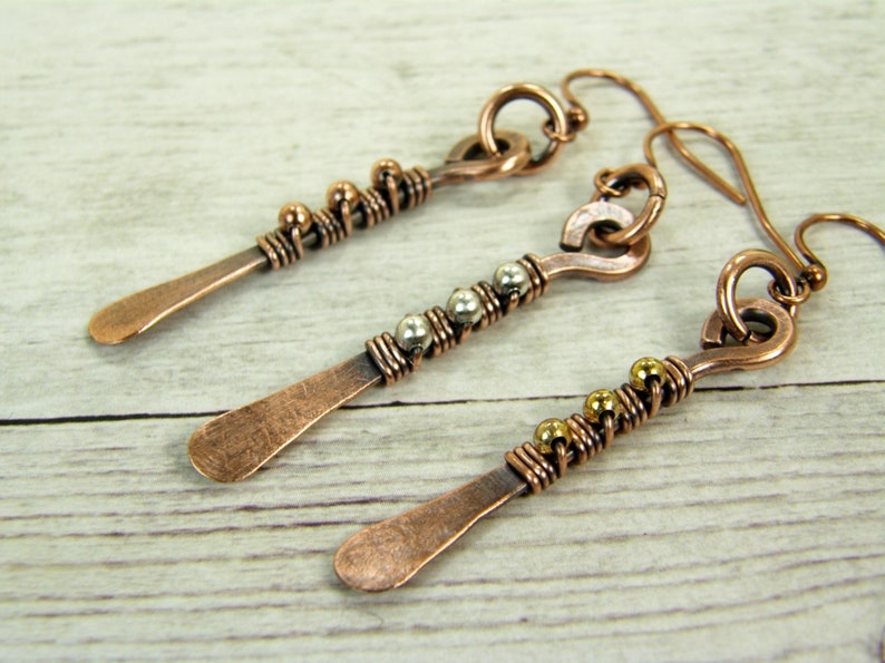 Wire Wrapped Mixed Metal Bar Earrings, Boho Style Earrings, Wire Wrapped Earrings, Gold, Copper, Silver, Handmade, Wire Wrap Jewelry image 4