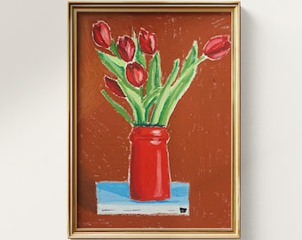 Red Tulip Wall Art - Physical Print 9x12 – Still Life Flower Painting – Red Vase Floral Art – Kitchen and Dining Room Decor