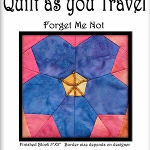 May include: A quilt block featuring a blue and pink forget-me-not flower design. The centre of the flower is a gold star with a beaded border. The block is 5 inches by 5 inches.