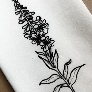 Fireweed hand printed organic cotton flour sack tea towel, dish towel, bathroom, kitchen hand towel.Hostess housewarming, Mother&#39;s day gift.