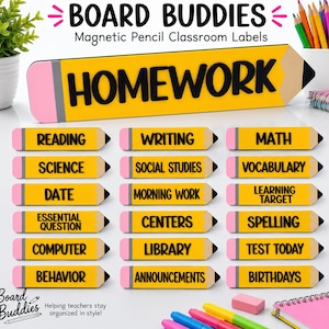 May include: A set of yellow pencil-shaped magnetic classroom labels featuring black text. The labels include words like HOMEWORK, READING, MATH, and SCIENCE. Each label has a pink eraser end and a black pencil tip, designed for organization.