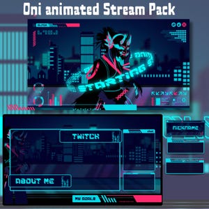 Animated Oni Stream Pack: Dark Anime Twitch Overlay, VTuber Bundle