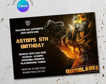 Bumblebee Birthday Invitation: Editable Transformers Party Invite (Canva Template)