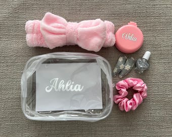 Personalized Spa Party Favor Kit: Custom Makeup Bag, Headband & Mirror, Sleepover Pack