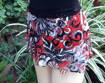 Adult Dance Ballet Short Wrap Skirt Red, Black, and White Print on Lace