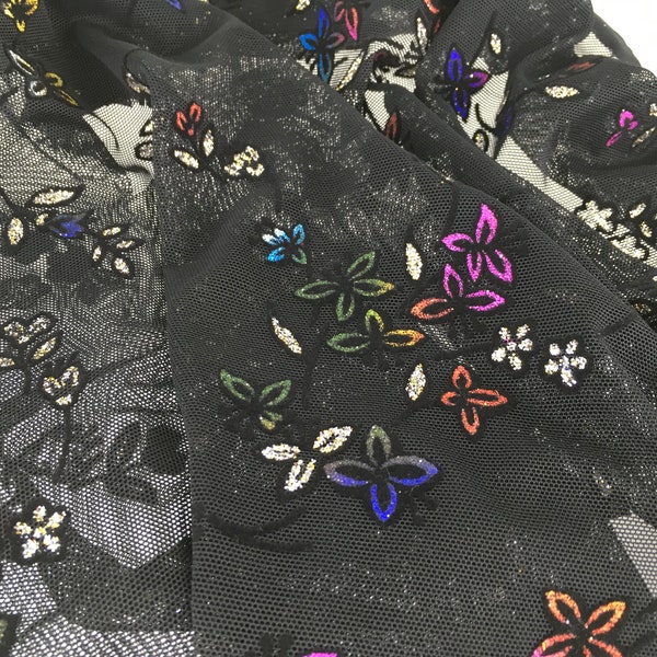 Black Stretch Mesh with Multi Colored Flocked and Silver Flower and Leaves by the Yard