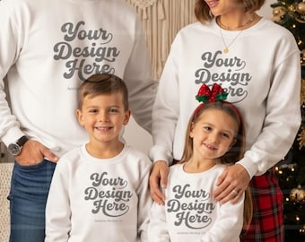 White Gildan 18000 Family of Four Christmas Mockup | Mom Dad Boy Girl Matching Sweatshirts | Holiday POD PNG