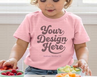 Bella Canvas 3001T Pink Toddler T-shirt Mockup | Light Pink Kids Tee | Kitchen Scene Toddler T-Shirt Mockup PNG | BC3001T Baby Shirt Mock-up
