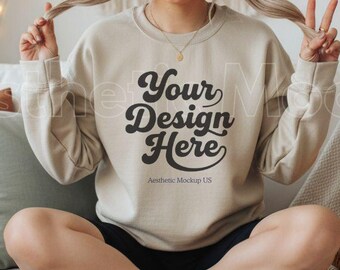 Gildan SF000 Sand Crewneck Sweatshirt Mockup | Adult Unisex Mock Up | Cozy Gildan Mockup | Fleece Sweatshirt PNG