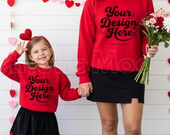 Red Gildan 18000 Crewneck Valentines Mommy and Me Mockup |Family Sweatshirt | Girl Mom Matching Cowgirl Trendy Minimalism