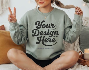 Gildan SF000 Sage Sweatshirt Mockup | Crewneck Sweatshirt Mock Up | Unisex Fleece Apparel PNG