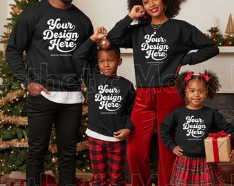 Gildan 18000 African American Family of Four Mockup | G18000 Parents Kids Christmas Mock-up | Crewneck Sweatshirt Matching Holiday