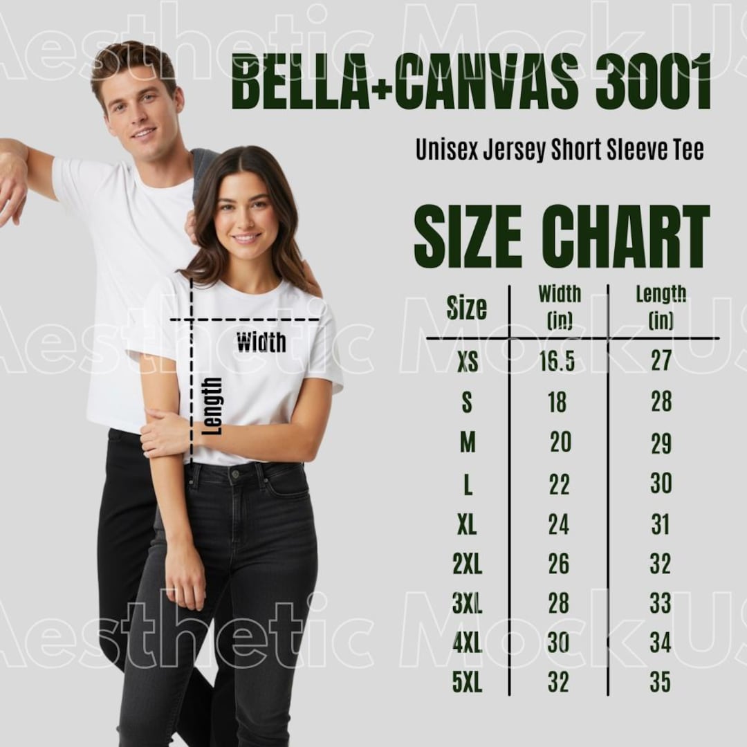 Bella Canvas 3001 Size Chart Mockup| Unisex Shirt Size Guide With Male ...