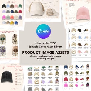 May include: A digital asset library for Infinity Her TESS mesh-back caps, featuring multiple product images, color charts, and mockups. The collection includes various cap styles, patterns, and views to create listing images and marketing materials.