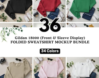 Gildan 18000 Folded Sweatshirt Mockup | Folded Front & Sleeve Mock-up Flat Lay Sand White Black Pink Natural Color |Crewneck Mockup for POD